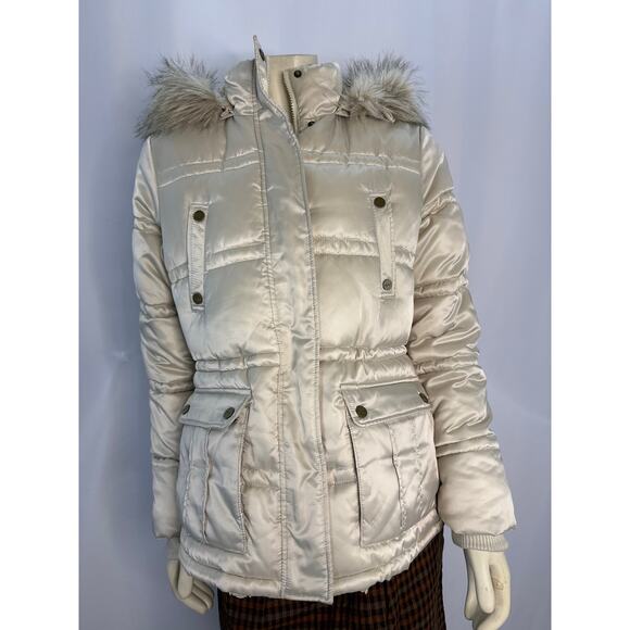 2000s Esprit Faux Fur Hooded Cream Winter Puffer Coat Size Medium - Picture 4 of 13